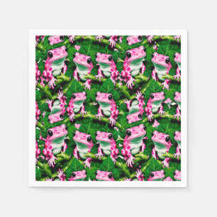 Pink Frog On Green Leaf Pattern Design  Napkin