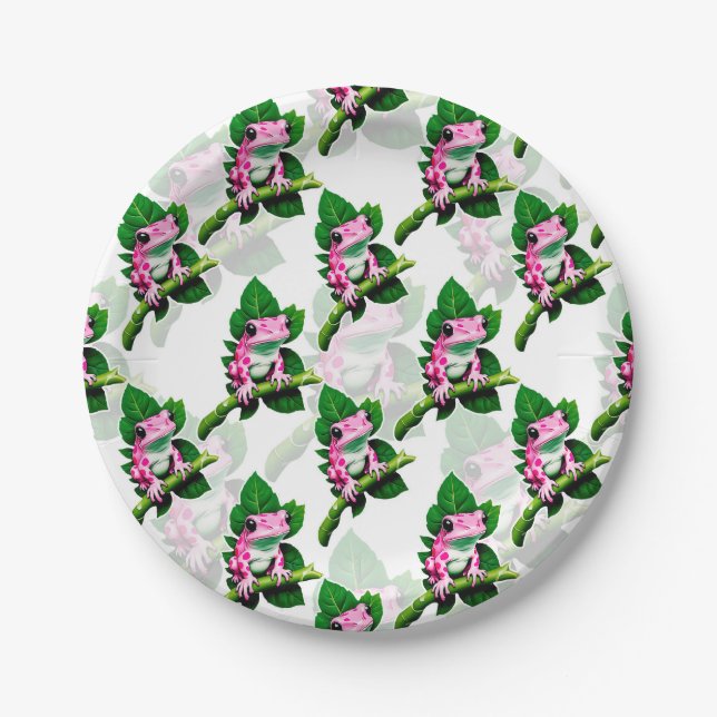 Pink Frog On Green Leaf Pattern Design Paper Plate (Front)