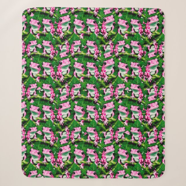Pink Frog On Green Leaf Pattern Design  Sherpa Blanket (Front)