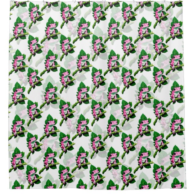 Pink Frog On Green Leaf Pattern Design Shower Curtain (Front)