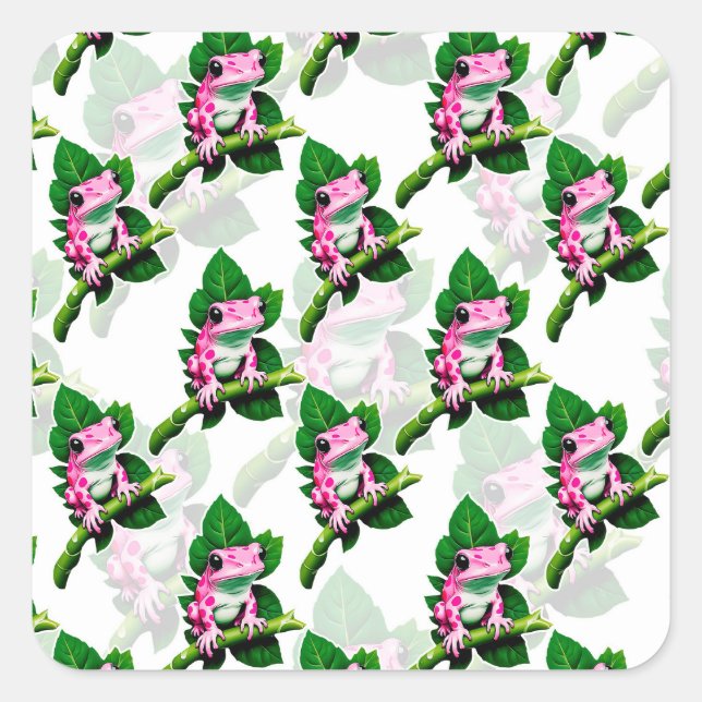 Pink Frog On Green Leaf Pattern Design Square Sticker (Front)