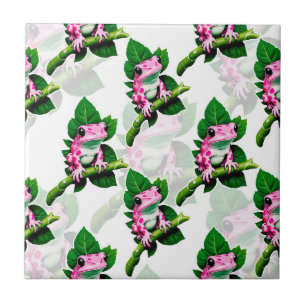 Pink Frog On Green Leaf Pattern Design Tile