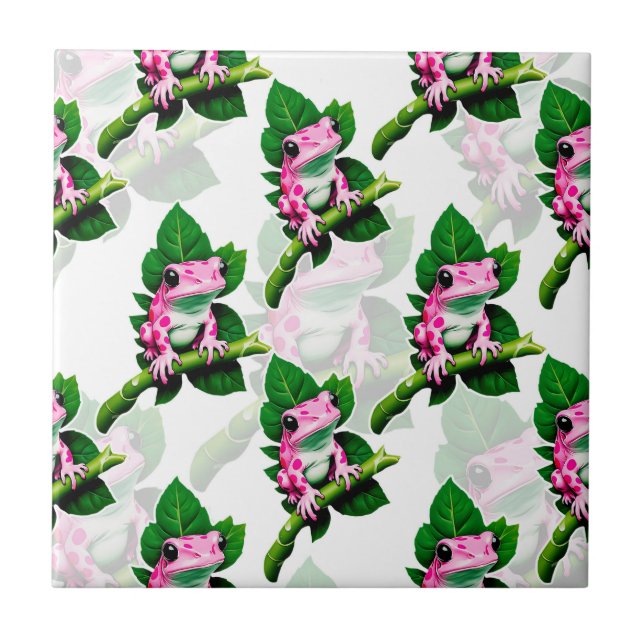 Pink Frog On Green Leaf Pattern Design Tile (Front)