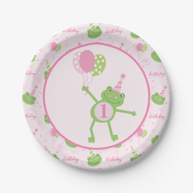 Pink Frog with Balloons Girl Birthday Party Paper Plate (Front)