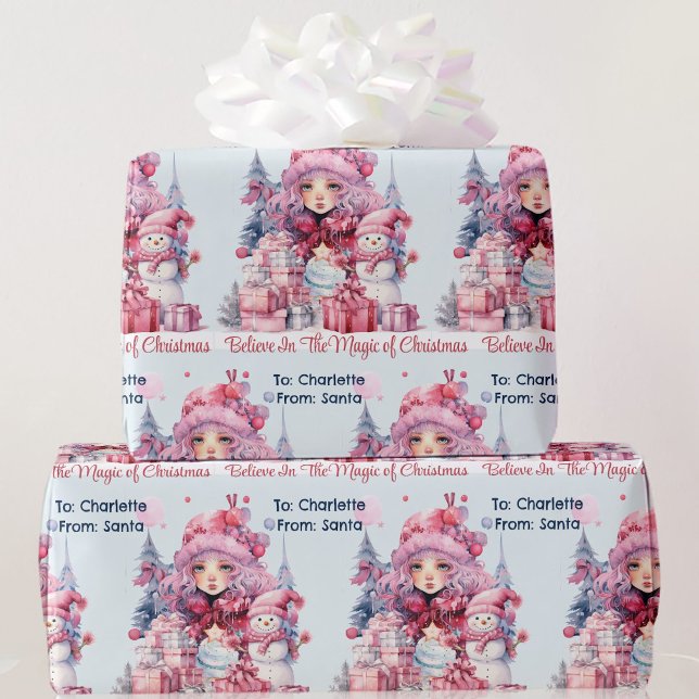 Pink From Santa Girl's Name Snowman Christmas Wrapping Paper (Creator Uploaded)