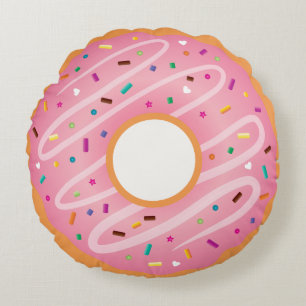 Pink Frosted and Chocolate Doughnut with Sprinkles Round Cushion