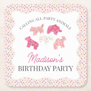 Pink Frosted Animal Cookies Birthday Party Square Paper Coaster