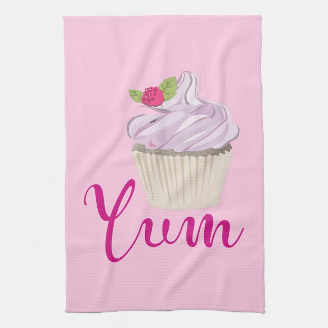 Pink Frosted Cupcake Yum! Tea Towel (Vertical)
