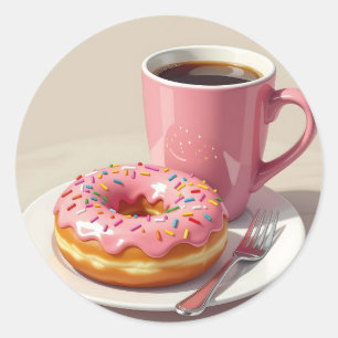 Pink Frosted Donut and Coffee  Classic Round Sticker