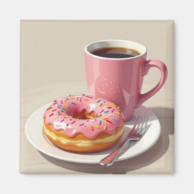 Pink Frosted Doughnut and Coffee  Magnet (Front)