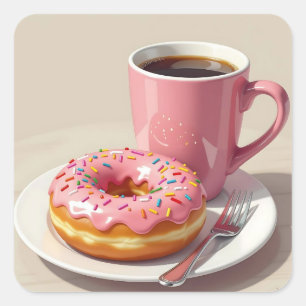 Pink Frosted Doughnut and Coffee  Square Sticker
