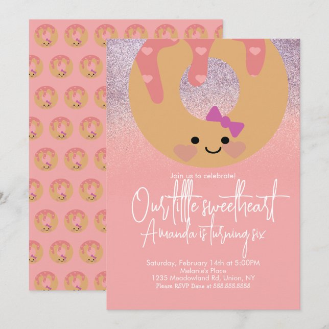 Pink Frosted Doughnuts Faux Glitter Valentines Day Invitation (Front/Back)