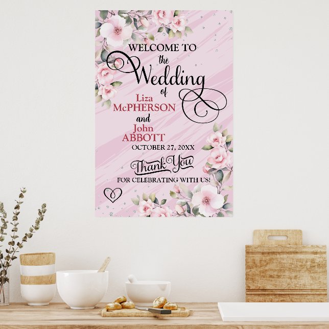 Pink Frosted Hibiscus Wedding Welcome Poster (Kitchen)