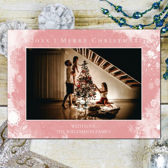 Pink Frosted Snowflakes Christmas Photo Card (Pink Frosted Snowflakes Photo Christmas Card)