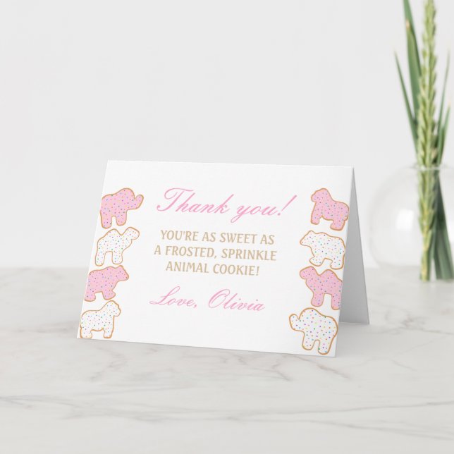 Pink Frosted sprinkle Animal Cookie party favour Thank You Card (Front)