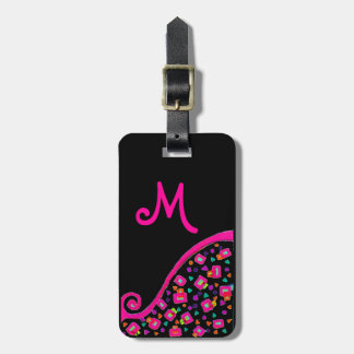 PINK FUCHSIA BLACK ABSTRACT DECO MONOGRAM LUGGAGE TAG