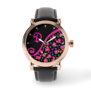 PINK FUCHSIA BLACK ABSTRACT DECO MONOGRAM WATCH