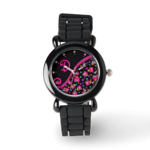 PINK FUCHSIA BLACK ABSTRACT DECO MONOGRAM WATCH