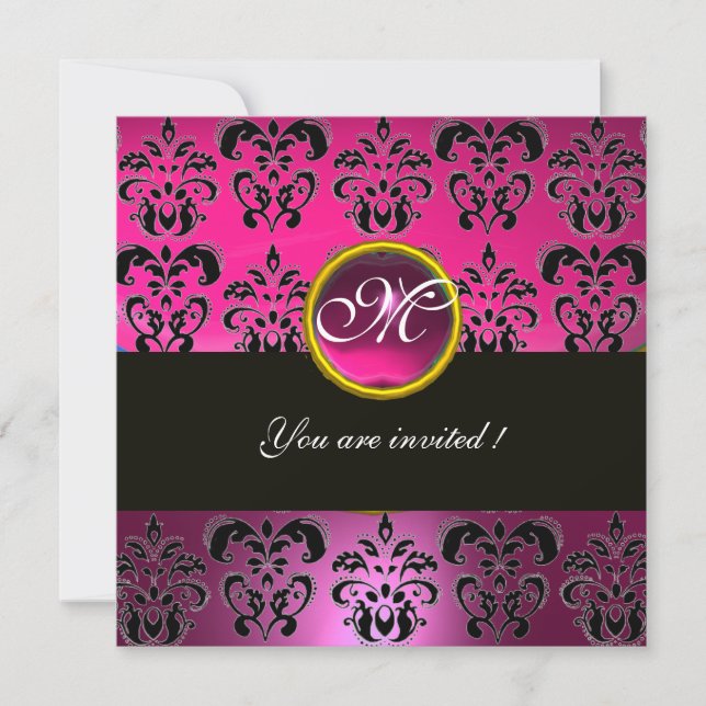 PINK FUCHSIA BLACK DAMASK MONOGRAM, amethyst Invitation (Front)