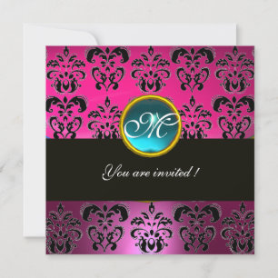 PINK FUCHSIA BLACK DAMASK MONOGRAM,blue aquamarine Invitation