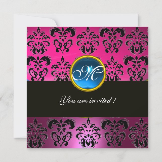 PINK FUCHSIA BLACK DAMASK MONOGRAM, blue sapphire Invitation (Front)