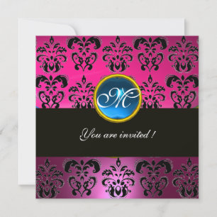 PINK FUCHSIA BLACK DAMASK MONOGRAM, blue sapphire Invitation