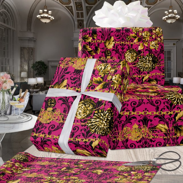 Pink Fuchsia Black Gold Floral Acanthus Gold Chain Wrapping Paper (Creator Uploaded)