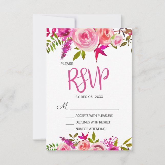Pink Fuchsia Botanical Floral Wedding RSVP card (Front)