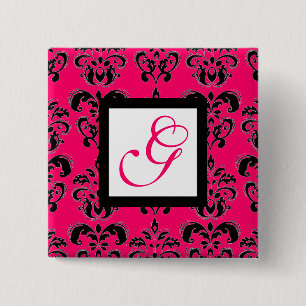 PINK FUCHSIA DAMASK WHITE SQUARE MONOGRAM 15 CM SQUARE BADGE