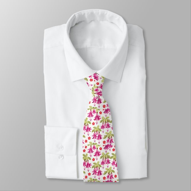 Pink Fuchsia Floral Pattern – Retro Botanical Tie (Tied)