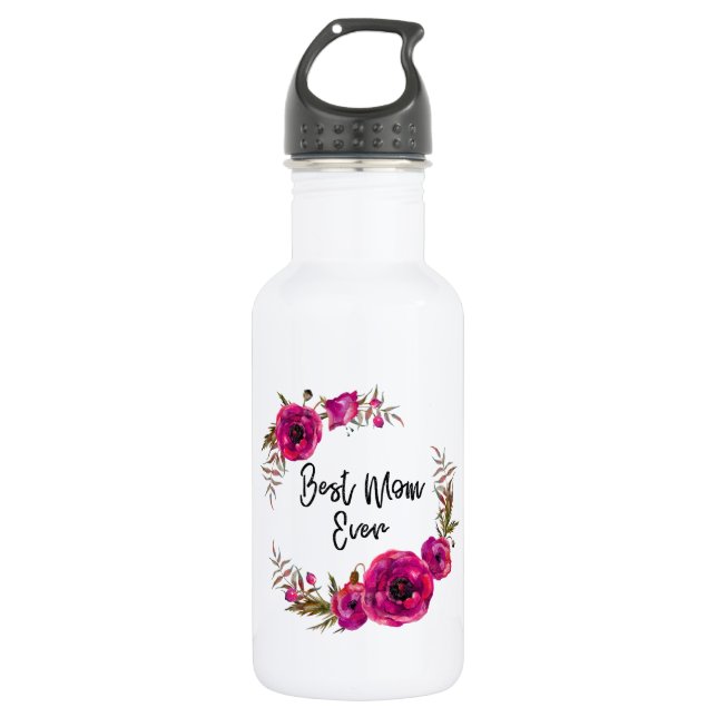 Pink Fuchsia Floral Poppies Wreath  Best Mum Ever 532 Ml Water Bottle (Front)