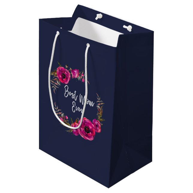 Pink Fuchsia Floral Poppies Wreath Best Mum Ever Medium Gift Bag (Front Angled)