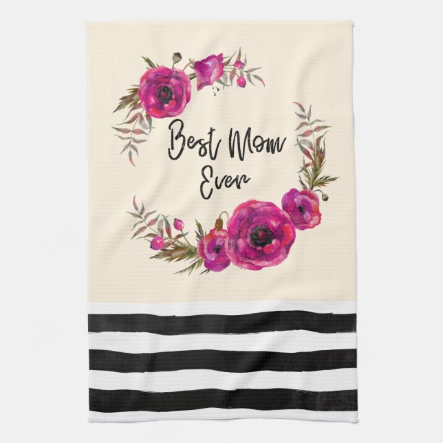 Pink Fuchsia Floral Poppies Wreath  Best Mum Ever Tea Towel (Vertical)