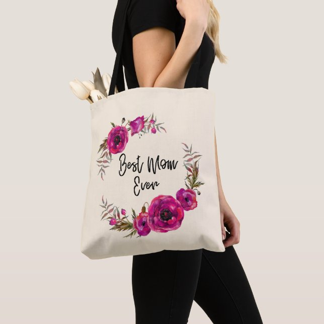 Pink Fuchsia Floral Poppies Wreath  Best Mum Ever Tote Bag (Close Up)