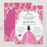 Pink Fuchsia Floral Silver Quinceañera Princess XV