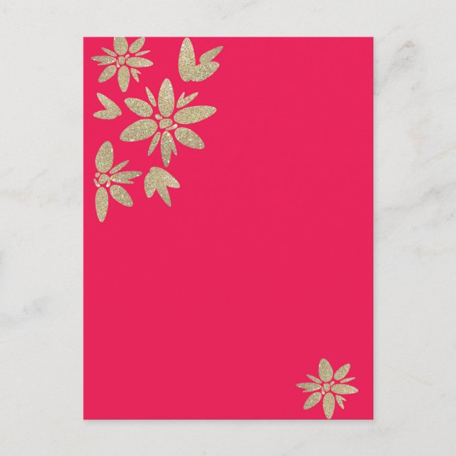 Pink fuchsia invitation with gold sparkle flowers postcard (Front)