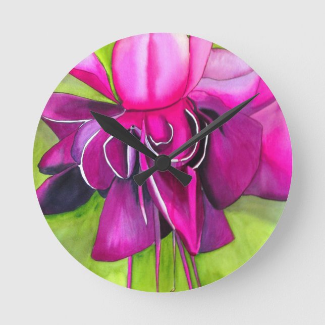Pink Fuchsia pop art watercolour flower Round Clock (Front)