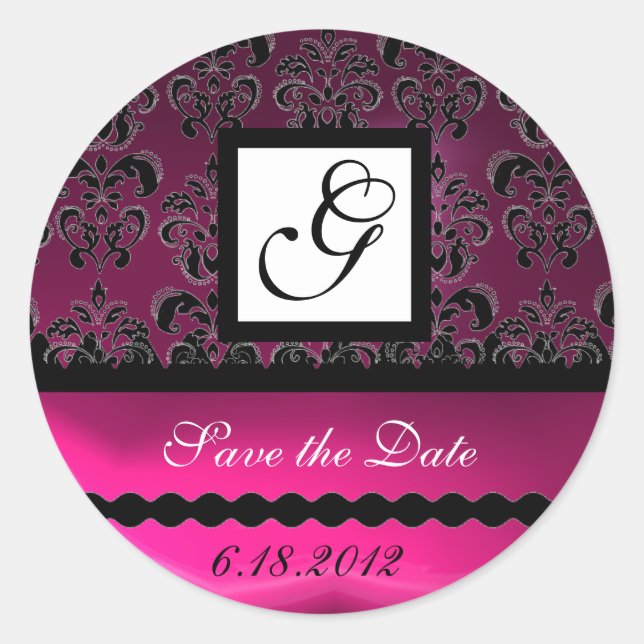 PINK FUCHSIA PURPLE DAMASK SQUARE MONOGRAM, violet Classic Round Sticker (Front)