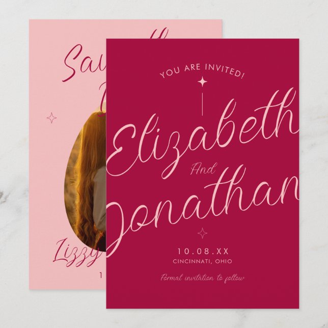 Pink Fuchsia Retro Modern Bold Photo Wedding Save The Date (Front/Back)