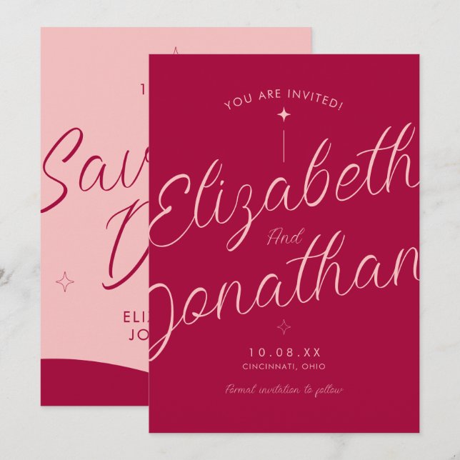 Pink Fuchsia Retro Modern Bold Script Wedding Save The Date (Front/Back)