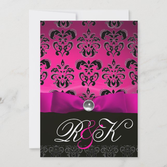 PINK FUCHSIA RIBBON WHITE BLACK  DAMASK MONOGRAM INVITATION (Front)