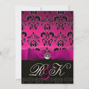 PINK FUCHSIA RIBBON WHITE BLACK DAMASK MONOGRAM INVITATION