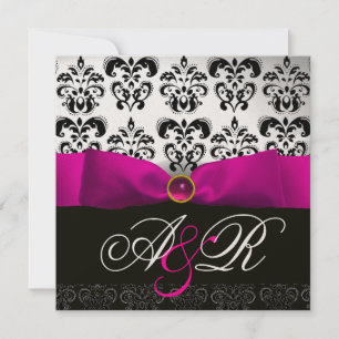 PINK FUCHSIA RIBBON WHITE BLACK  DAMASK MONOGRAM INVITATION