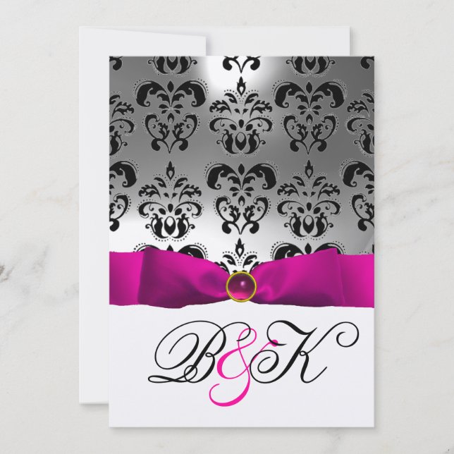 PINK FUCHSIA RIBBON WHITE BLACK  DAMASK MONOGRAM INVITATION (Front)