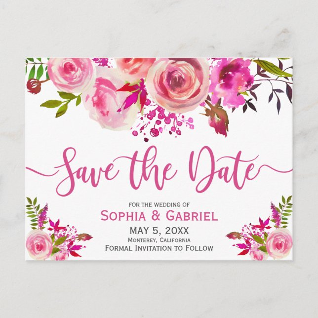 Pink Fuchsia Rose Botanical Floral  Save the Date Announcement Postcard (Front)