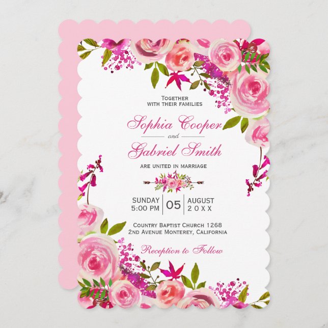 Pink Fuchsia Rose Botanical Floral Wedding Invitation (Front/Back)