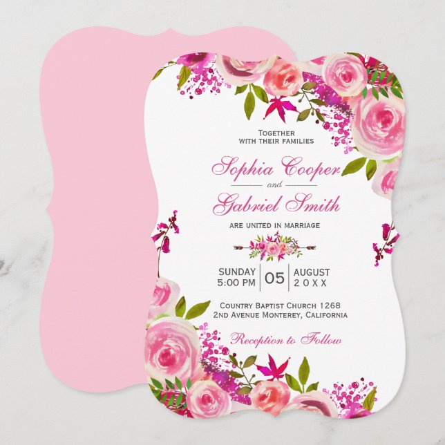 Pink Fuchsia Rose Botanical Floral Wedding Invitation (Front/Back)