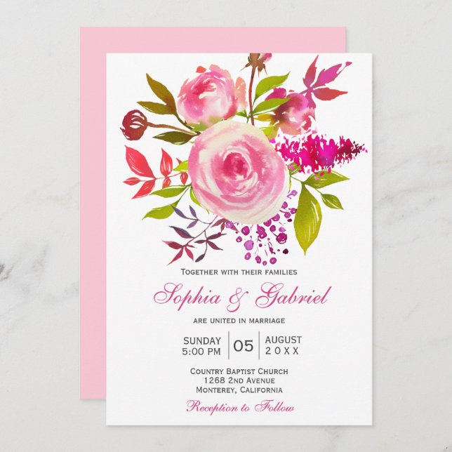 Pink Fuchsia Rose Botanical Floral Wedding Invitation (Front/Back)