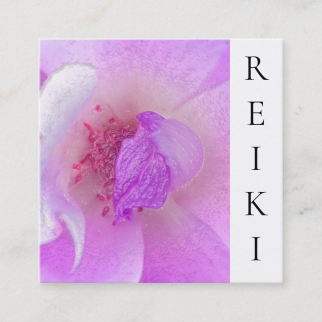 *~* Pink Fuchsia Violet Rose Floral Yoga  Reiki Square Business Card (Front)