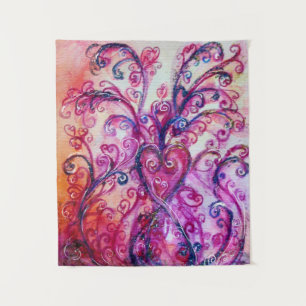PINK FUCHSIA WHIMSICAL FLOURISHES WITH HEART TAPESTRY
